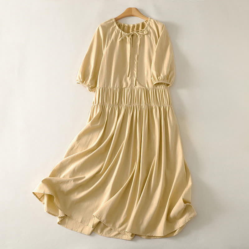 Buddha Stones Summer Drawstring Solid Women's Short Sleeve Dress With Pockets - PaleGoldenrod - US12，UK/AU16，EU44 (2XL) - image 0