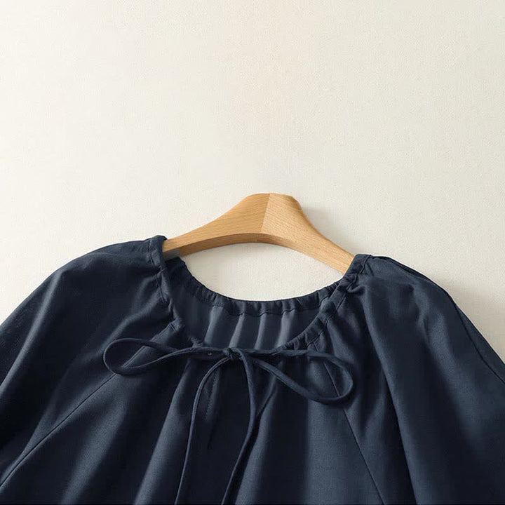 Buddha Stones Summer Drawstring Solid Women's Short Sleeve Dress With Pockets - image 11