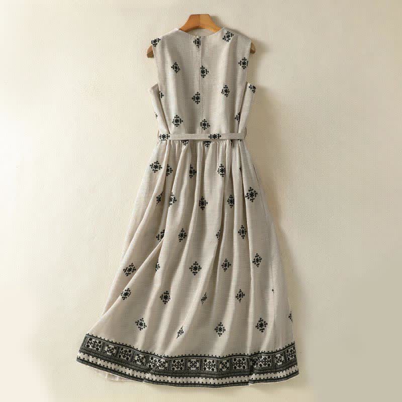 Buddha Stones Summer Boho Drawstring Geometric Print Women's Summer Sleeveless Dress With Pockets - image 1