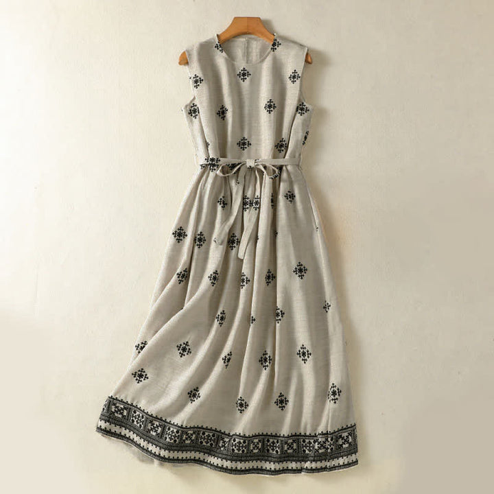 Buddha Stones Summer Boho Drawstring Geometric Print Women's Summer Sleeveless Dress With Pockets - Gainsboro - US12，UK/AU16，EU44 (2XL) - image 0