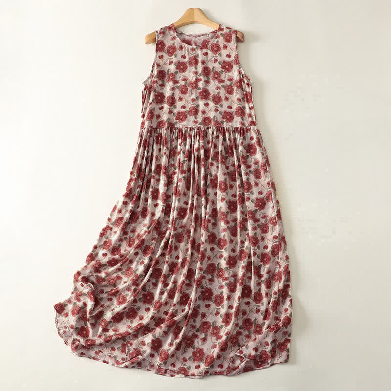 Buddha Stones Summer Floral Print Chiffon Women's Summer Sleeveless Dress With Pockets - AntiqueWhite - US12，UK/AU16，EU44 (2XL) - image 0