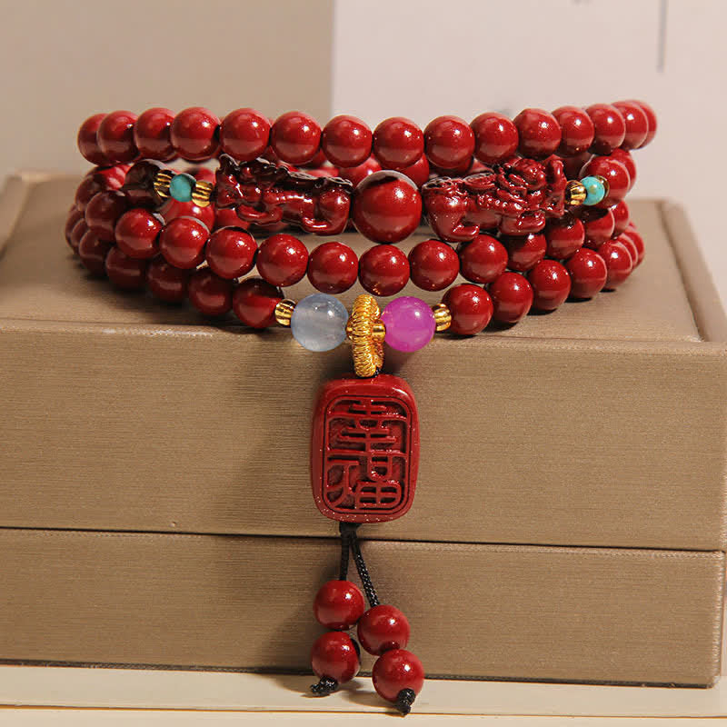 Buddha Stones Tibetan 108 Beads Cinnabar Pixiu Luck Mala - Cinnabar(Wrist Circumference:16-18 cm) - image 0