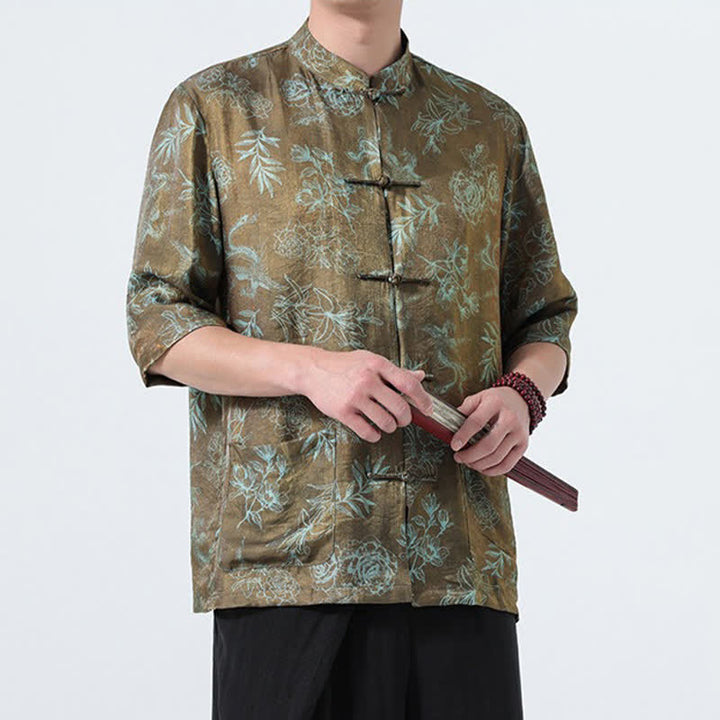 Buddha Stones Summer Tang Style Mandarin Collar Frog Button Floral Print Men's Elbow-Length Sleeve Shirts With Pockets - image 14