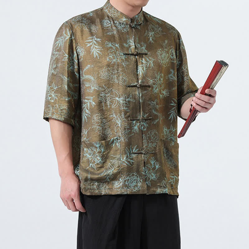 Buddha Stones Summer Tang Style Mandarin Collar Frog Button Floral Print Men's Elbow-Length Sleeve Shirts With Pockets - image 15