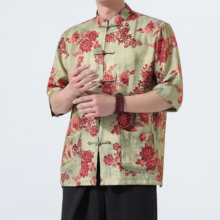 Buddha Stones Summer Tang Style Mandarin Collar Frog Button Floral Print Men's Elbow-Length Sleeve Shirts With Pockets - image 3