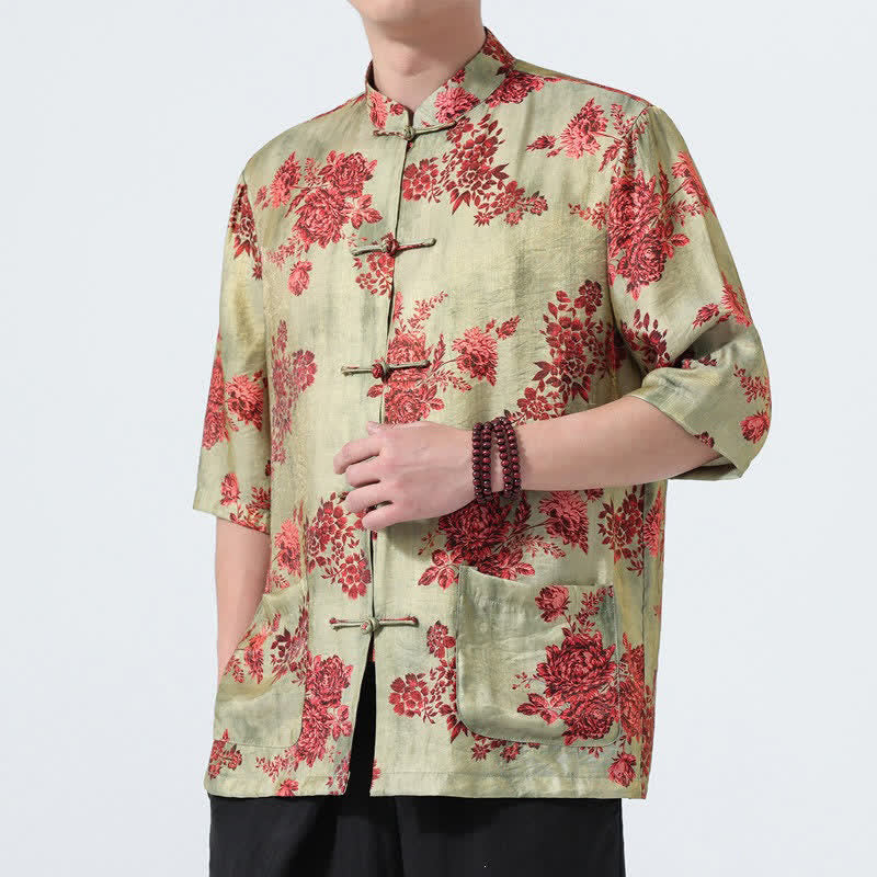 Buddha Stones Summer Tang Style Mandarin Collar Frog Button Floral Print Men's Elbow-Length Sleeve Shirts With Pockets - image 0