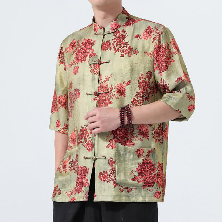 Buddha Stones Summer Tang Style Mandarin Collar Frog Button Floral Print Men's Elbow-Length Sleeve Shirts With Pockets - image 0