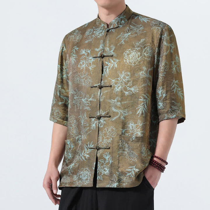 Buddha Stones Summer Tang Style Mandarin Collar Frog Button Floral Print Men's Elbow-Length Sleeve Shirts With Pockets - image 16