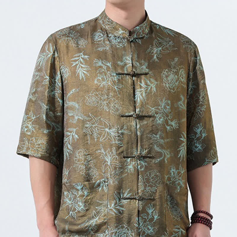 Buddha Stones Summer Tang Style Mandarin Collar Frog Button Floral Print Men's Elbow-Length Sleeve Shirts With Pockets - image 17