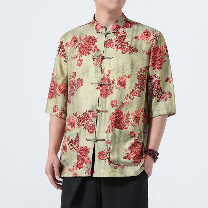 Buddha Stones Summer Tang Style Mandarin Collar Frog Button Floral Print Men's Elbow-Length Sleeve Shirts With Pockets - image 6