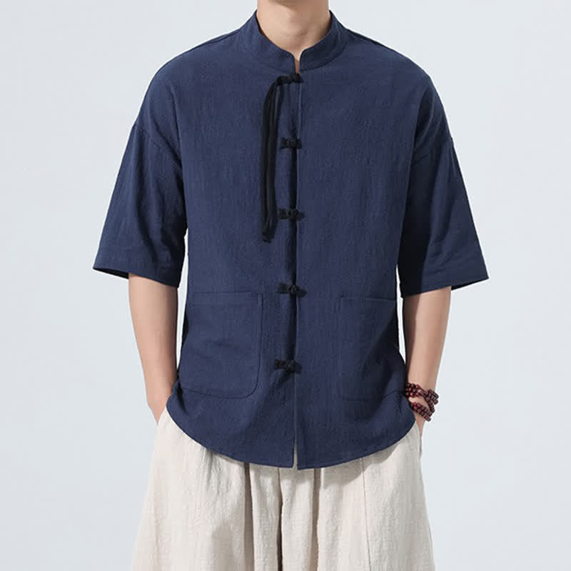 Buddha Stones Summer Casual Mandarin Collar Frog Button Solid Men's Short Sleeve Shirt With Pockets - MidnightBlue - US/UK/AU48，EU58(5XL) - image 16