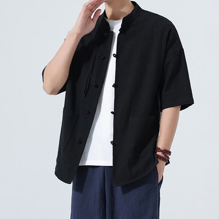 Buddha Stones Summer Casual Mandarin Collar Frog Button Solid Men's Short Sleeve Shirt With Pockets - image 15