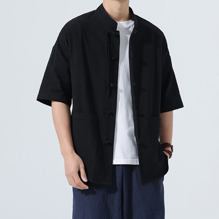 Buddha Stones Summer Casual Mandarin Collar Frog Button Solid Men's Short Sleeve Shirt With Pockets - image 12