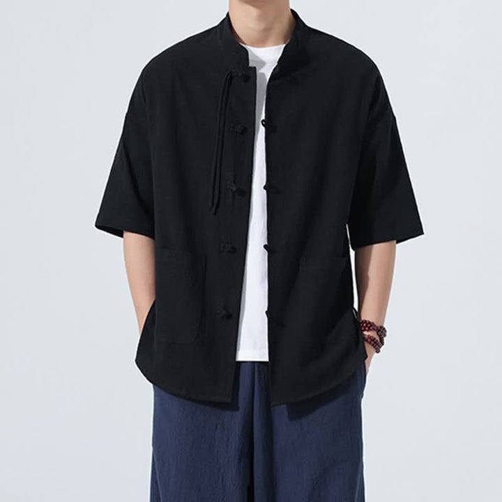 Buddha Stones Summer Casual Mandarin Collar Frog Button Solid Men's Short Sleeve Shirt With Pockets - image 13
