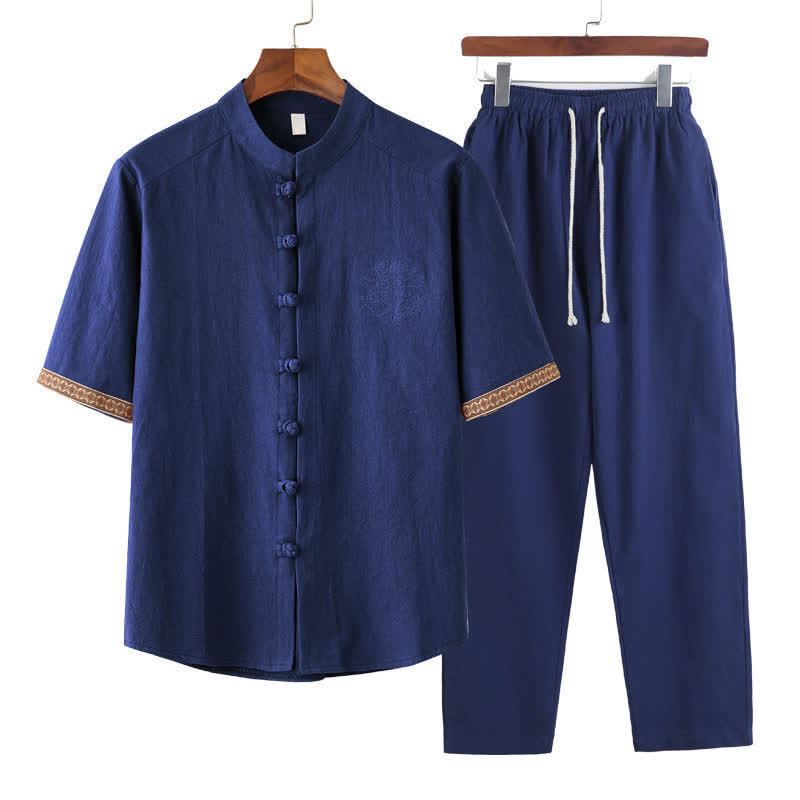 Buddha Stones Summer 2Pcs Mandarin Collar Frog Button Solid Short Sleeve Shirt Harem Pants Men's Meditation Cloth With Pockets - RoyalBlue - US/UK/AU46，EU56 (5XL) - image 0