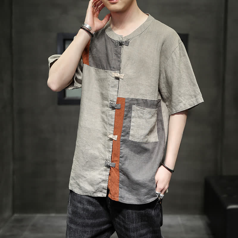 Buddha Stones Summer Vintage Frog Button Patchwork Design Men's Short Sleeve Shirt - image 1