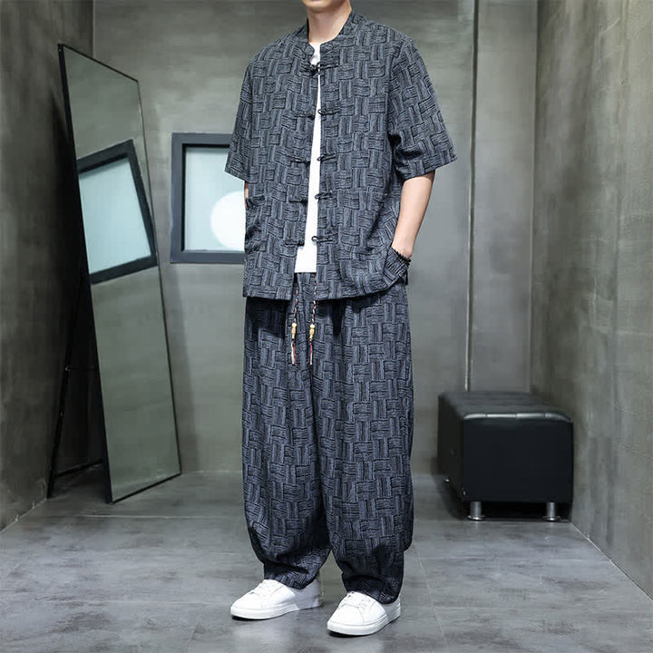 Buddha Stones 2Pcs Summer Mandarin Collar Frog Button Geometric Short Sleeve Shirt Harem Pants Men's Set With Pockets - DarkSlateGray - US/UK/AU48，EU58 (6XL) - image 0
