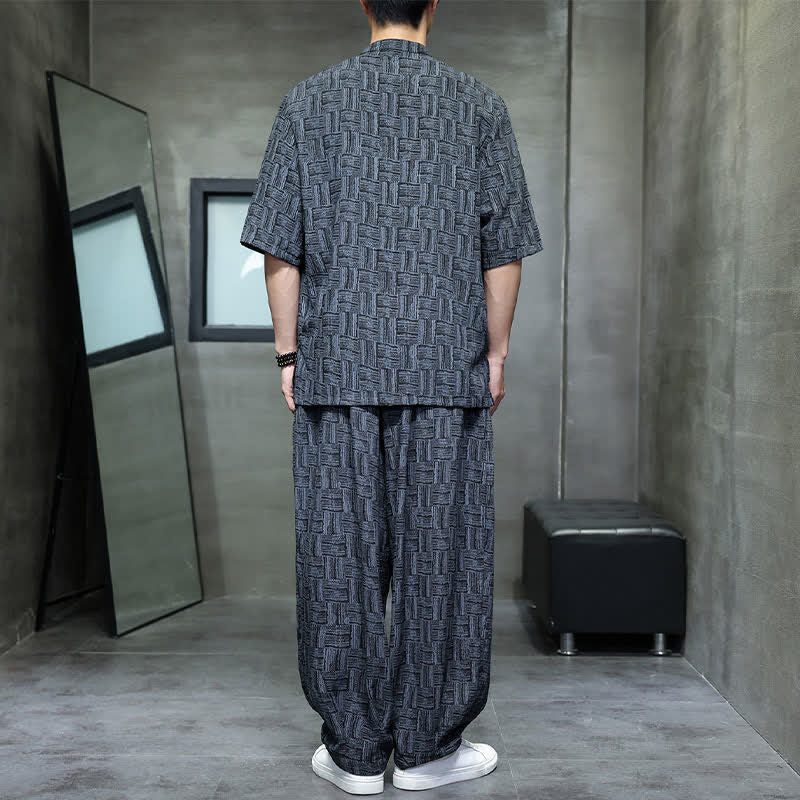 Buddha Stones 2Pcs Summer Mandarin Collar Frog Button Geometric Short Sleeve Shirt Harem Pants Men's Set With Pockets - image 2