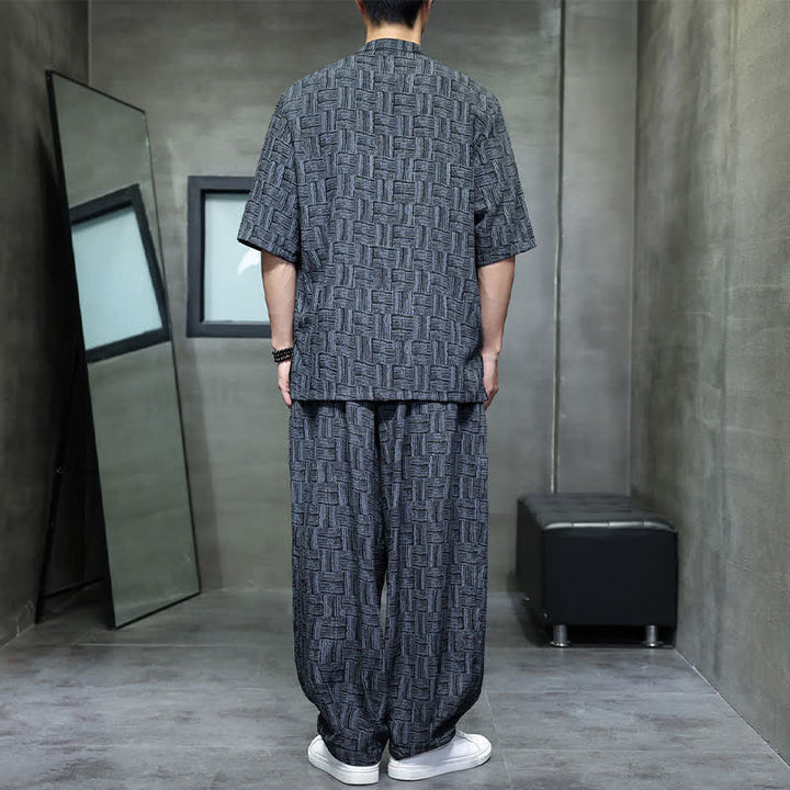 Buddha Stones 2Pcs Summer Mandarin Collar Frog Button Geometric Short Sleeve Shirt Harem Pants Men's Set With Pockets - image 2