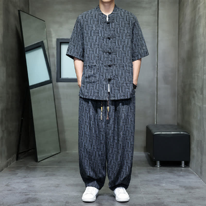 Buddha Stones 2Pcs Summer Mandarin Collar Frog Button Geometric Short Sleeve Shirt Harem Pants Men's Set With Pockets - image 1