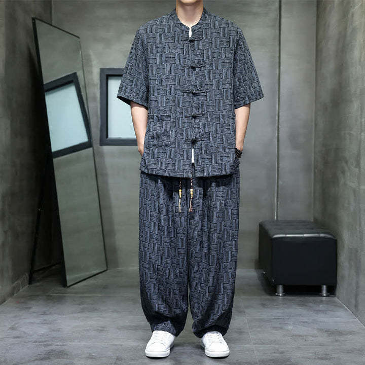 Buddha Stones 2Pcs Summer Mandarin Collar Frog Button Geometric Short Sleeve Shirt Harem Pants Men's Set With Pockets - image 1