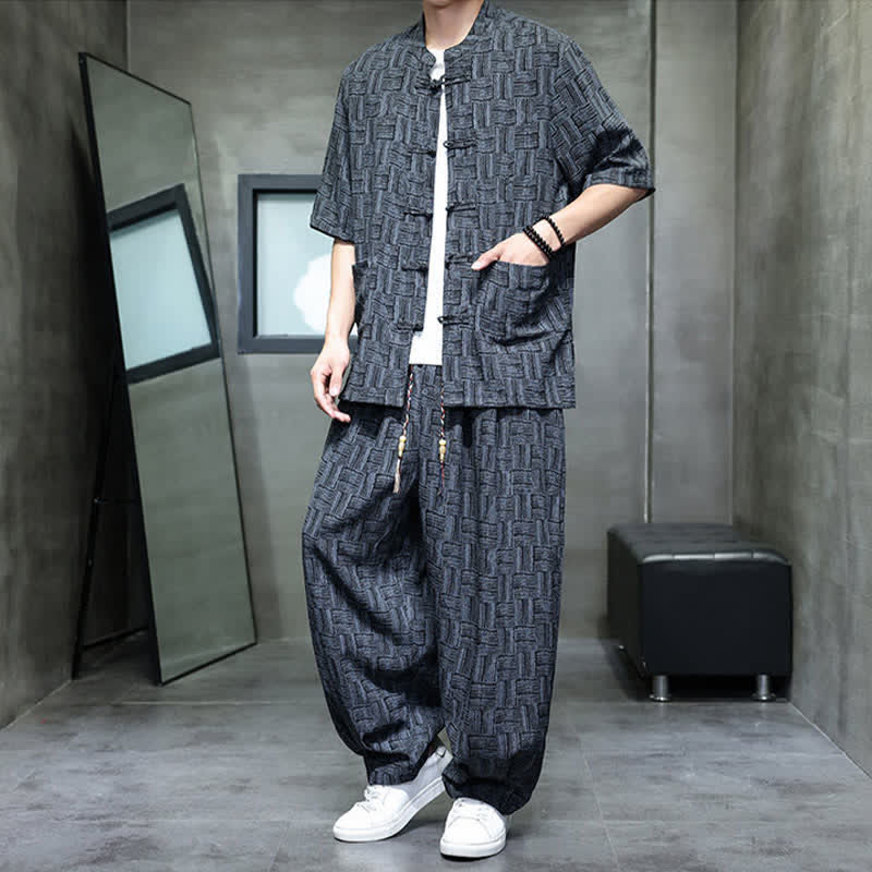 Buddha Stones 2Pcs Summer Mandarin Collar Frog Button Geometric Short Sleeve Shirt Harem Pants Men's Set With Pockets - image 6