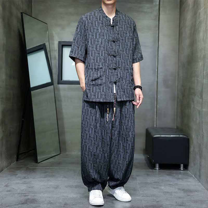 Buddha Stones 2Pcs Summer Mandarin Collar Frog Button Geometric Short Sleeve Shirt Harem Pants Men's Set With Pockets - image 3