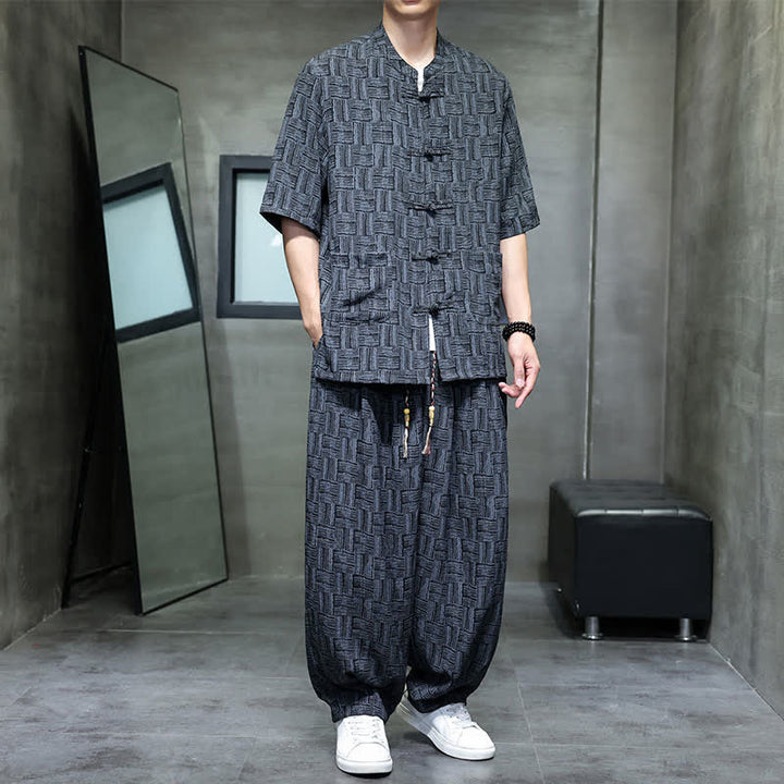 Buddha Stones 2Pcs Summer Mandarin Collar Frog Button Geometric Short Sleeve Shirt Harem Pants Men's Set With Pockets - image 3