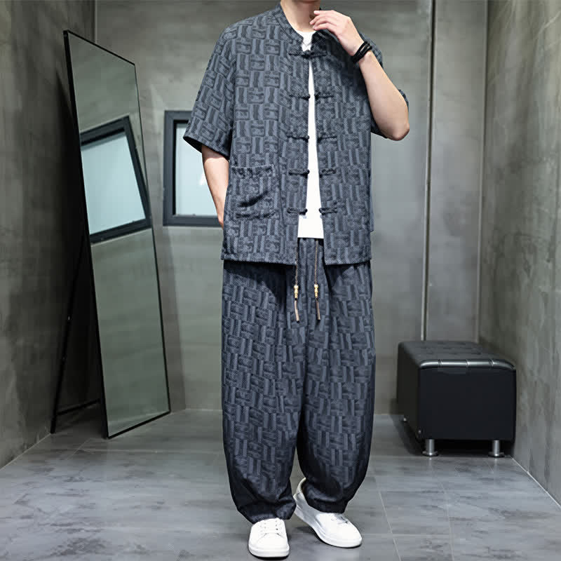 Buddha Stones 2Pcs Summer Mandarin Collar Frog Button Geometric Short Sleeve Shirt Harem Pants Men's Set With Pockets - image 8