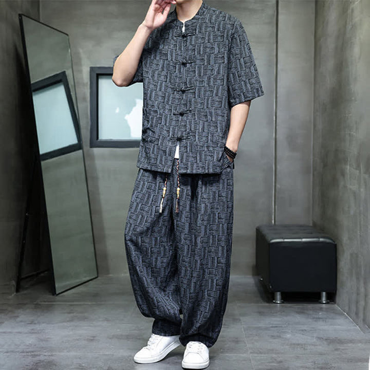 Buddha Stones 2Pcs Summer Mandarin Collar Frog Button Geometric Short Sleeve Shirt Harem Pants Men's Set With Pockets - image 7