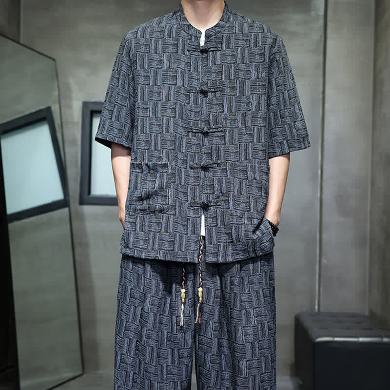 Buddha Stones 2Pcs Summer Mandarin Collar Frog Button Geometric Short Sleeve Shirt Harem Pants Men's Set With Pockets - image 9