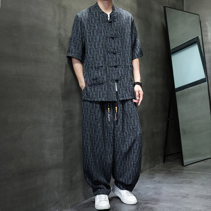 Buddha Stones 2Pcs Summer Mandarin Collar Frog Button Geometric Short Sleeve Shirt Harem Pants Men's Set With Pockets - image 5