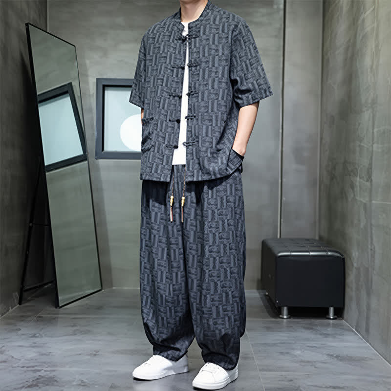 Buddha Stones 2Pcs Summer Mandarin Collar Frog Button Geometric Short Sleeve Shirt Harem Pants Men's Set With Pockets - image 4