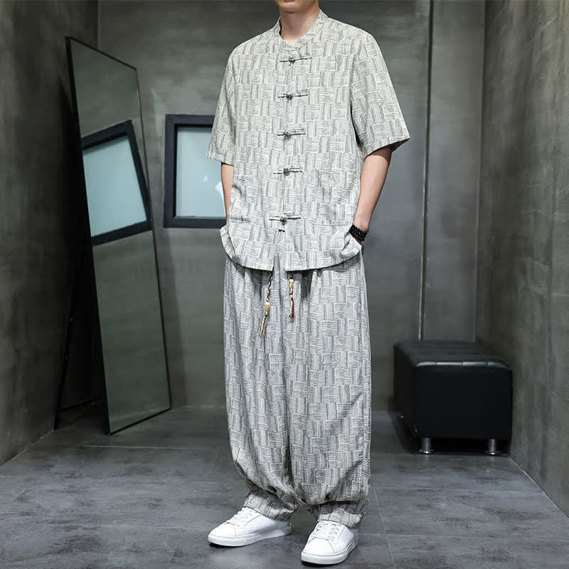 Buddha Stones 2Pcs Summer Mandarin Collar Frog Button Geometric Short Sleeve Shirt Harem Pants Men's Set With Pockets - Beige - US/UK/AU48，EU58 (6XL) - image 10