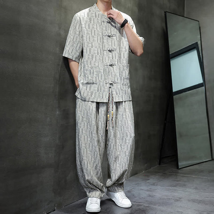 Buddha Stones 2Pcs Summer Mandarin Collar Frog Button Geometric Short Sleeve Shirt Harem Pants Men's Set With Pockets - image 13