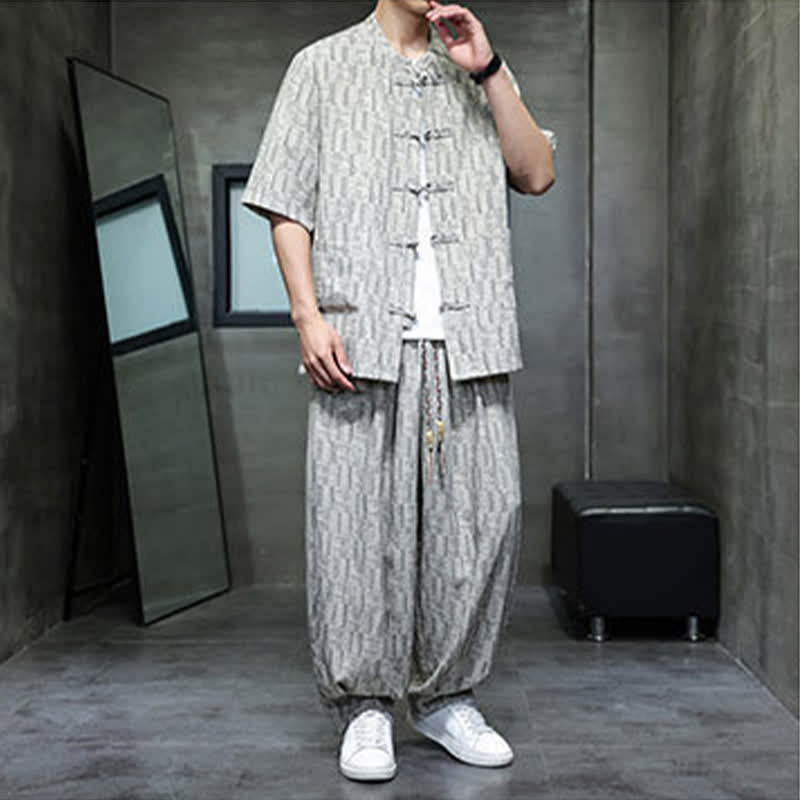 Buddha Stones 2Pcs Summer Mandarin Collar Frog Button Geometric Short Sleeve Shirt Harem Pants Men's Set With Pockets - image 17