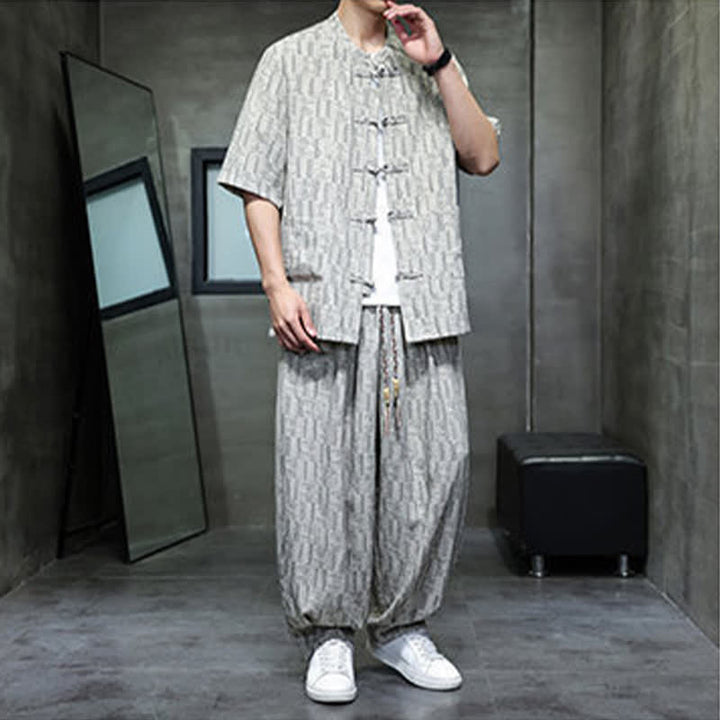 Buddha Stones 2Pcs Summer Mandarin Collar Frog Button Geometric Short Sleeve Shirt Harem Pants Men's Set With Pockets - image 17