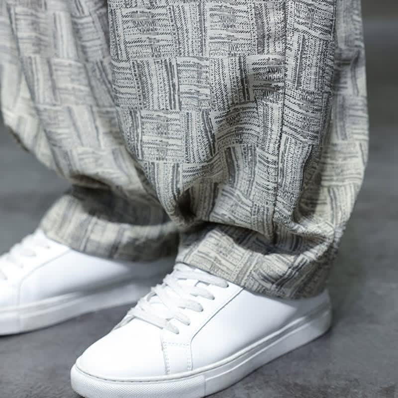 Buddha Stones 2Pcs Summer Mandarin Collar Frog Button Geometric Short Sleeve Shirt Harem Pants Men's Set With Pockets - image 25