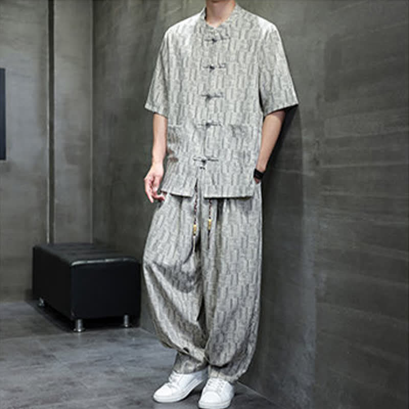 Buddha Stones 2Pcs Summer Mandarin Collar Frog Button Geometric Short Sleeve Shirt Harem Pants Men's Set With Pockets - image 16