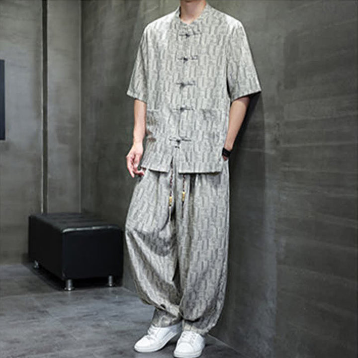 Buddha Stones 2Pcs Summer Mandarin Collar Frog Button Geometric Short Sleeve Shirt Harem Pants Men's Set With Pockets - image 16