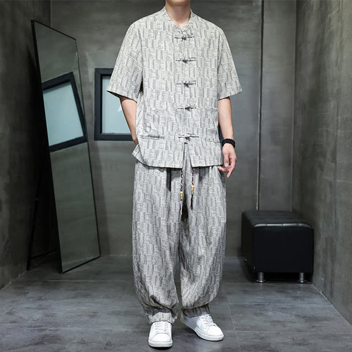 Buddha Stones 2Pcs Summer Mandarin Collar Frog Button Geometric Short Sleeve Shirt Harem Pants Men's Set With Pockets - image 15