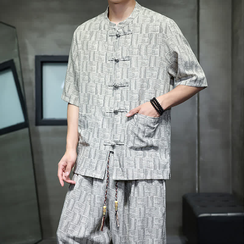 Buddha Stones 2Pcs Summer Mandarin Collar Frog Button Geometric Short Sleeve Shirt Harem Pants Men's Set With Pockets - image 18