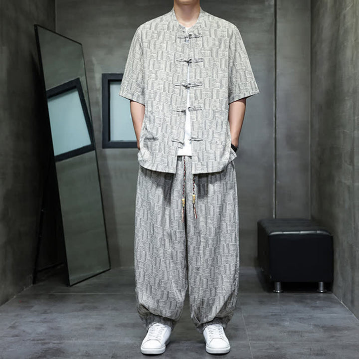 Buddha Stones 2Pcs Summer Mandarin Collar Frog Button Geometric Short Sleeve Shirt Harem Pants Men's Set With Pockets - image 11