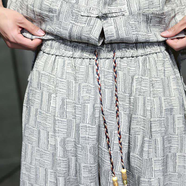 Buddha Stones 2Pcs Summer Mandarin Collar Frog Button Geometric Short Sleeve Shirt Harem Pants Men's Set With Pockets - image 24