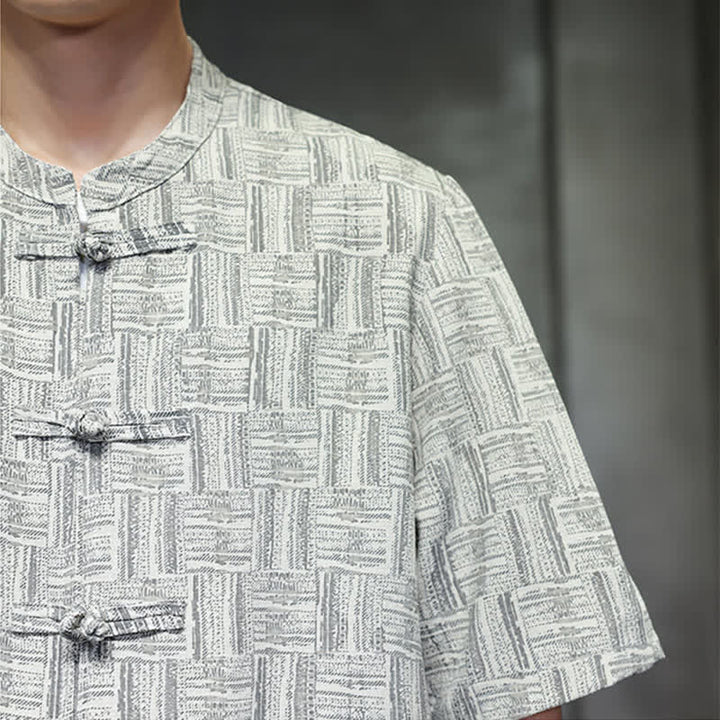 Buddha Stones 2Pcs Summer Mandarin Collar Frog Button Geometric Short Sleeve Shirt Harem Pants Men's Set With Pockets - image 20