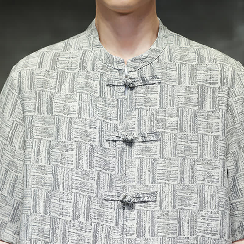 Buddha Stones 2Pcs Summer Mandarin Collar Frog Button Geometric Short Sleeve Shirt Harem Pants Men's Set With Pockets - image 19