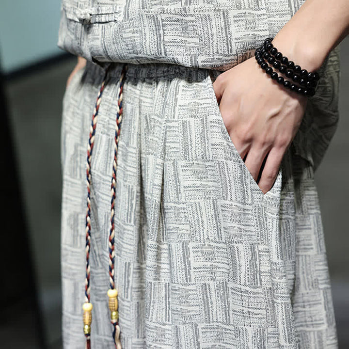 Buddha Stones 2Pcs Summer Mandarin Collar Frog Button Geometric Short Sleeve Shirt Harem Pants Men's Set With Pockets - image 23