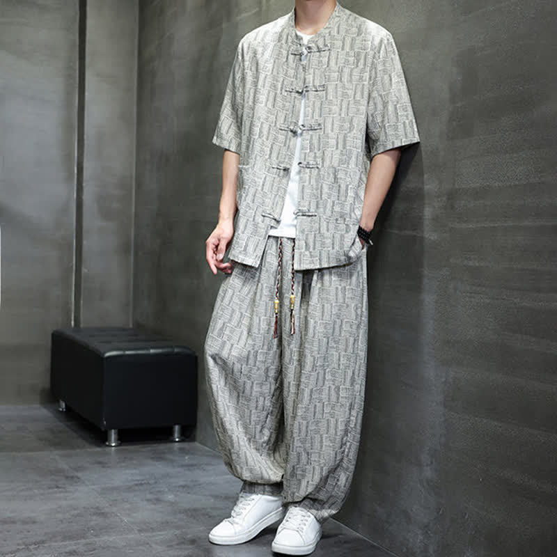 Buddha Stones 2Pcs Summer Mandarin Collar Frog Button Geometric Short Sleeve Shirt Harem Pants Men's Set With Pockets - image 14