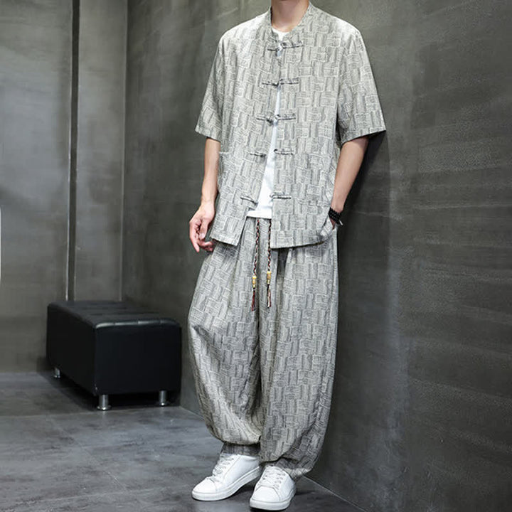 Buddha Stones 2Pcs Summer Mandarin Collar Frog Button Geometric Short Sleeve Shirt Harem Pants Men's Set With Pockets - image 14