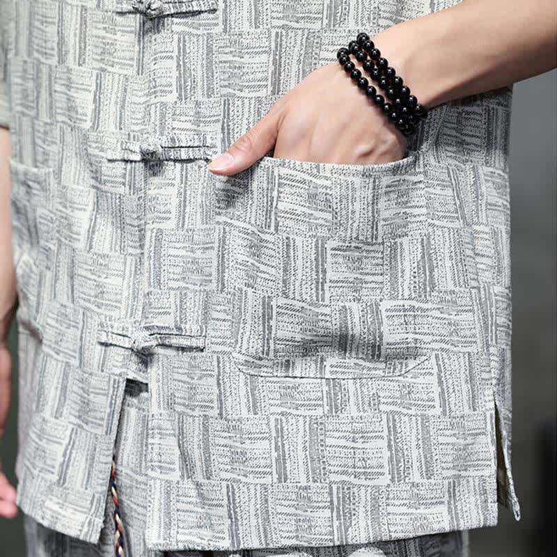 Buddha Stones 2Pcs Summer Mandarin Collar Frog Button Geometric Short Sleeve Shirt Harem Pants Men's Set With Pockets - image 21